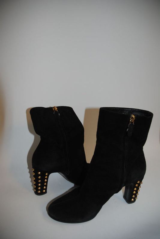 black and gold Gucci studded block heel suede boots, 36
