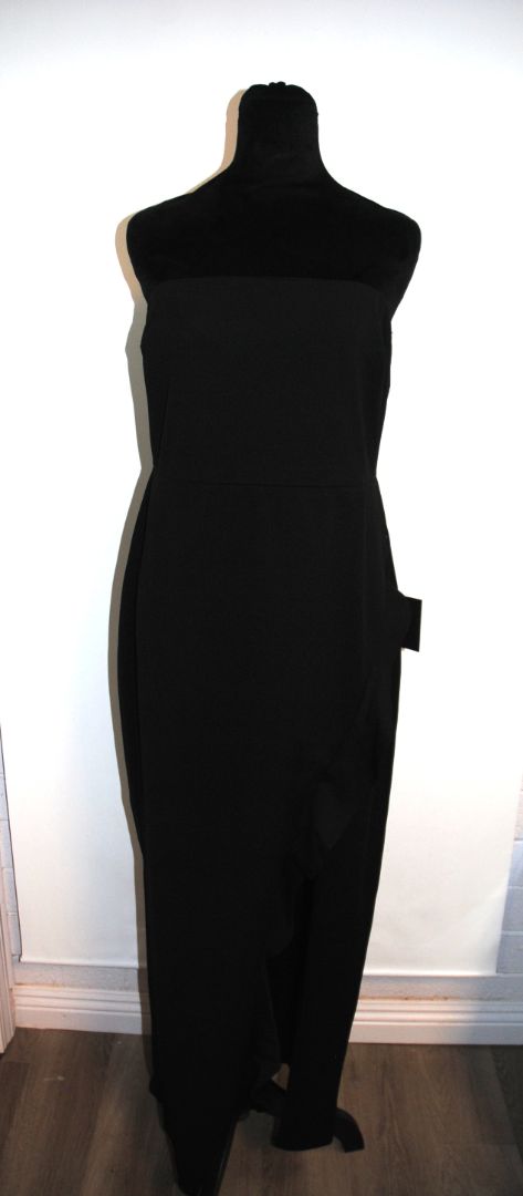 black Lulus slit ruffle black strapless gown, M,L