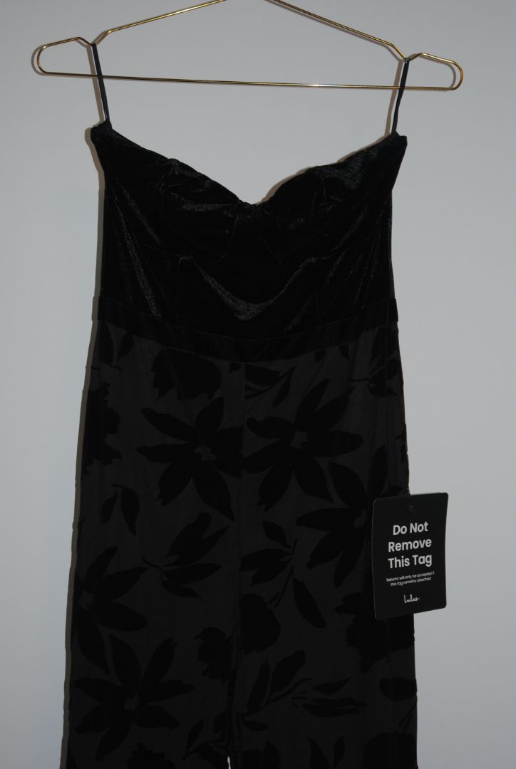Lulus Black Floral Velvet Strapless Jumpsuit S