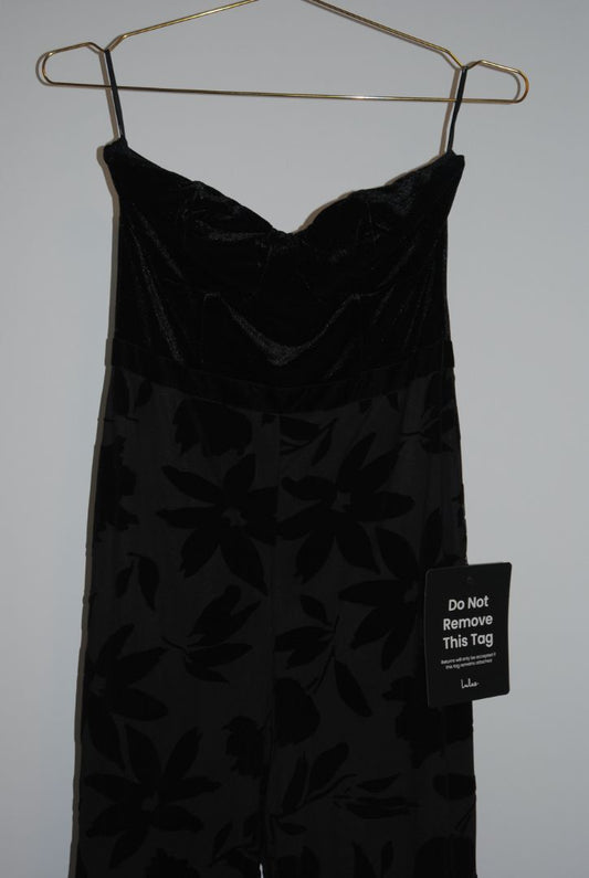 black Lulus floral velvet strapless jumpsuit, S