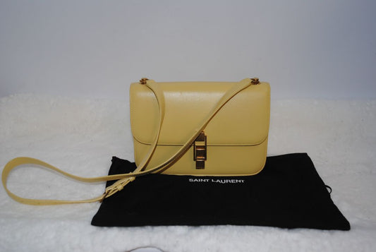 calfskin buttercream yellow YSL manhattan bag, Width: 9.5 in Height: 7 in Depth: 3 in Strap Drop: ~20–22 in (adjustable)