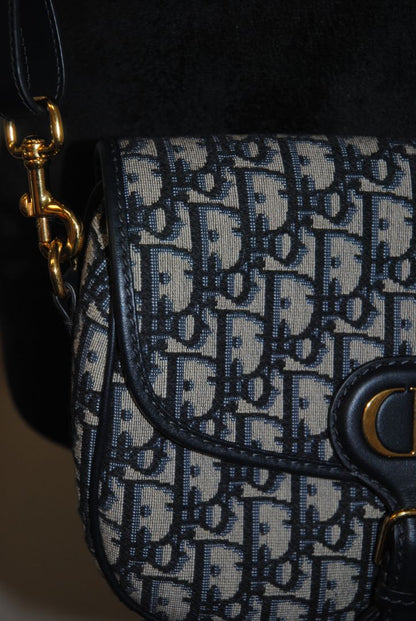 blue monogram Christian Dior bobby bag, Length: ~8.5 in / 21.5 cm Height: ~6 in / 15 cm Depth: ~2.5 in / 6.5 cm Strap Drop: ~18–22 in / 46–56 cm (adjustable)