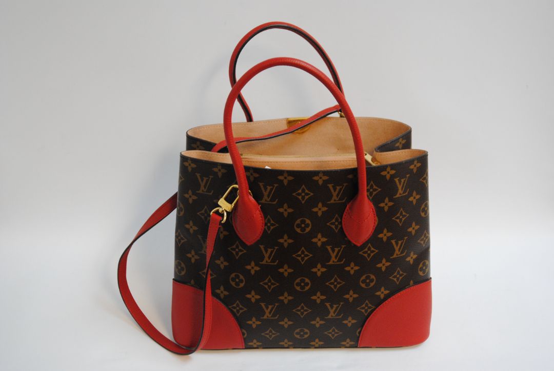 red brown and gold Louis Vuitton Locky Tote (larger size) / Monogram Tote with LV push-lock closure, Dimensions Length: 13 in Height: 10 in Depth: 6 in