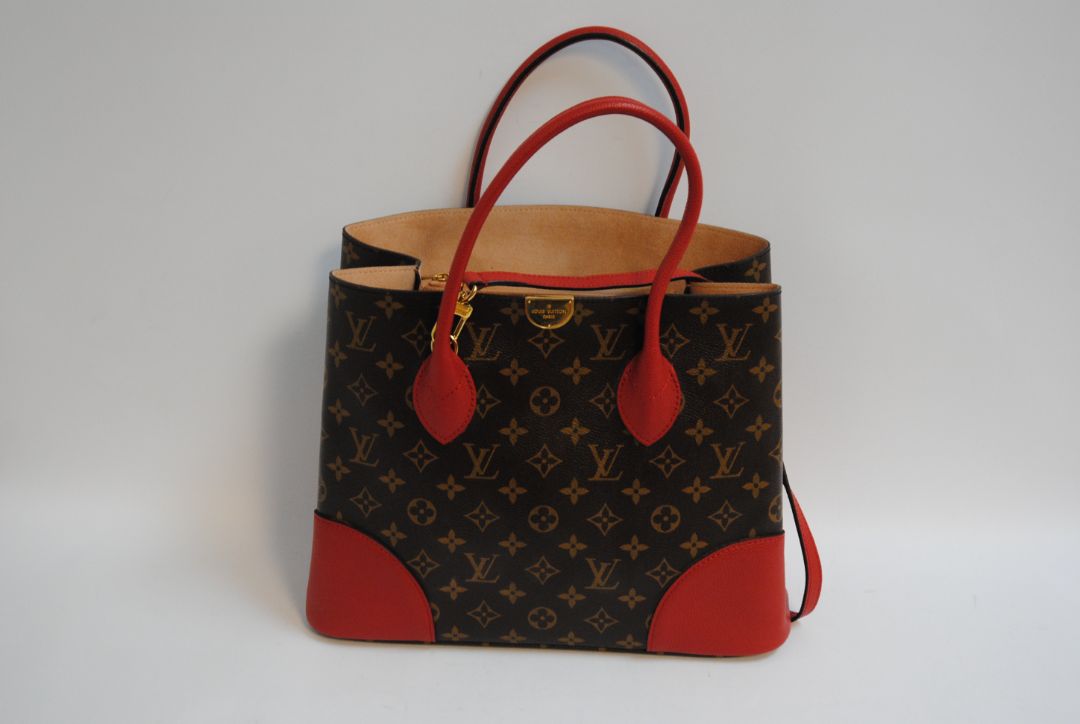 red brown and gold Louis Vuitton Locky Tote (larger size) / Monogram Tote with LV push-lock closure, Dimensions Length: 13 in Height: 10 in Depth: 6 in