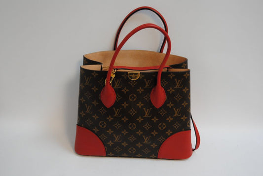 red brown and gold Louis Vuitton Locky Tote (larger size) / Monogram Tote with LV push-lock closure, Dimensions Length: 13 in Height: 10 in Depth: 6 in