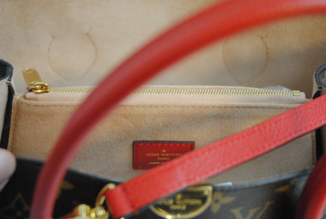 red brown and gold Louis Vuitton Locky Tote (larger size) / Monogram Tote with LV push-lock closure, Dimensions Length: 13 in Height: 10 in Depth: 6 in