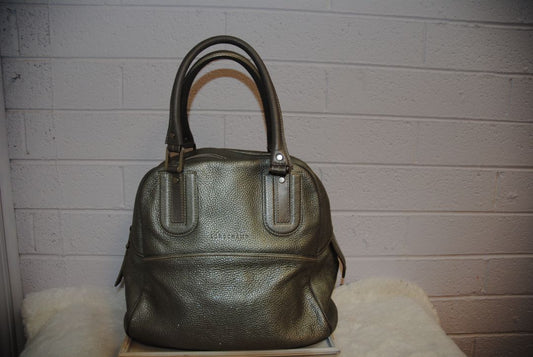 Metallic silver Longchamp bowling bag, Width: ~13 in (33 cm) Height: ~12 in (30 cm) Depth: ~5 in (13 cm) Handle Drop: ~5–6 in (hand or forearm carry)