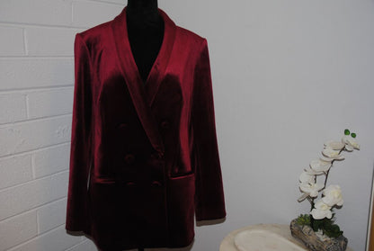 burgundy Express velvet shawl collar jacket, 10/Shoulder to shoulder: ~16.5 in Bust (pit to pit): ~20 in Waist: ~19 in Length (shoulder to hem): ~28 in Sleeve length: ~24 in