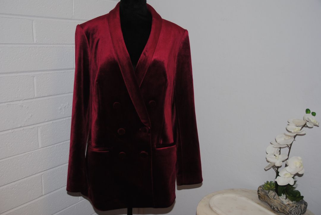 burgundy Express velvet shawl collar jacket, 10/Shoulder to shoulder: ~16.5 in Bust (pit to pit): ~20 in Waist: ~19 in Length (shoulder to hem): ~28 in Sleeve length: ~24 in