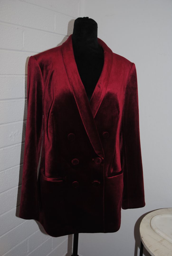 burgundy Express velvet shawl collar jacket, 10/Shoulder to shoulder: ~16.5 in Bust (pit to pit): ~20 in Waist: ~19 in Length (shoulder to hem): ~28 in Sleeve length: ~24 in