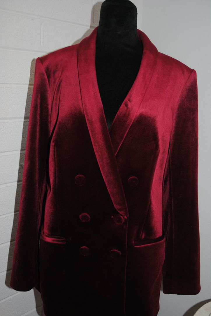 burgundy Express velvet shawl collar jacket, 10/Shoulder to shoulder: ~16.5 in Bust (pit to pit): ~20 in Waist: ~19 in Length (shoulder to hem): ~28 in Sleeve length: ~24 in