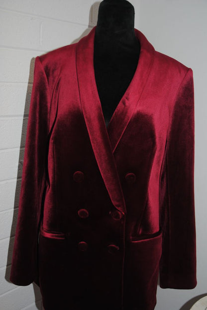 burgundy Express velvet shawl collar jacket, 10/Shoulder to shoulder: ~16.5 in Bust (pit to pit): ~20 in Waist: ~19 in Length (shoulder to hem): ~28 in Sleeve length: ~24 in
