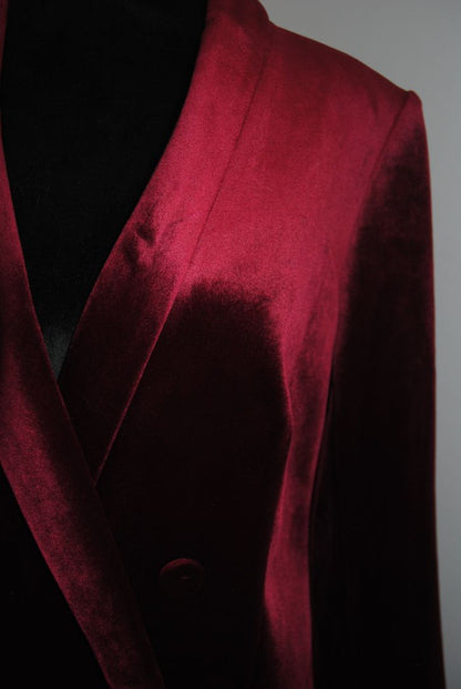 burgundy Express velvet shawl collar jacket, 10/Shoulder to shoulder: ~16.5 in Bust (pit to pit): ~20 in Waist: ~19 in Length (shoulder to hem): ~28 in Sleeve length: ~24 in