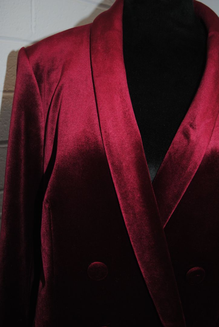 burgundy Express velvet shawl collar jacket, 10/Shoulder to shoulder: ~16.5 in Bust (pit to pit): ~20 in Waist: ~19 in Length (shoulder to hem): ~28 in Sleeve length: ~24 in