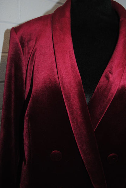 burgundy Express velvet shawl collar jacket, 10/Shoulder to shoulder: ~16.5 in Bust (pit to pit): ~20 in Waist: ~19 in Length (shoulder to hem): ~28 in Sleeve length: ~24 in