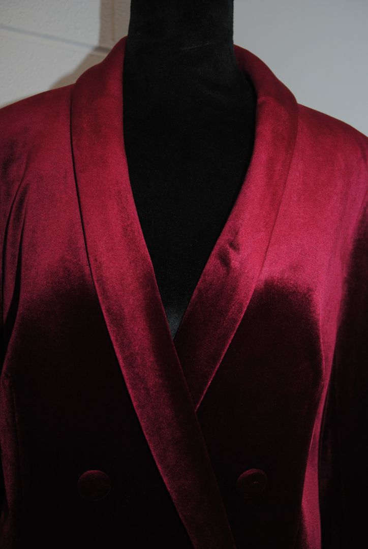 burgundy Express velvet shawl collar jacket, 10/Shoulder to shoulder: ~16.5 in Bust (pit to pit): ~20 in Waist: ~19 in Length (shoulder to hem): ~28 in Sleeve length: ~24 in