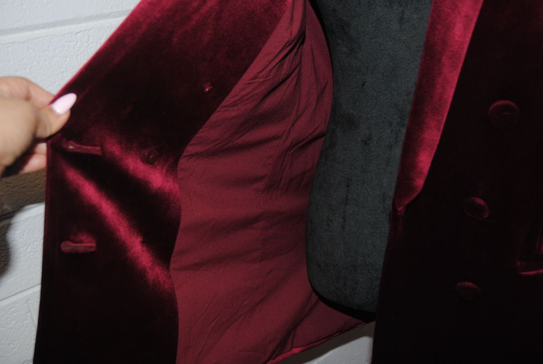 burgundy Express velvet shawl collar jacket, 10/Shoulder to shoulder: ~16.5 in Bust (pit to pit): ~20 in Waist: ~19 in Length (shoulder to hem): ~28 in Sleeve length: ~24 in
