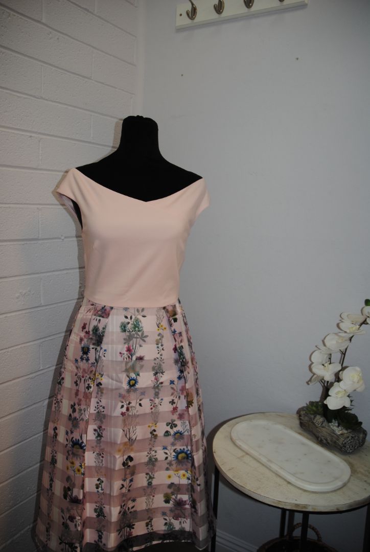 pink and floral Ted Baker fit and flare floral dress, 1 EU