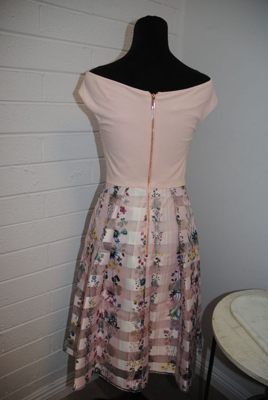 pink and floral Ted Baker fit and flare floral dress, 1 EU