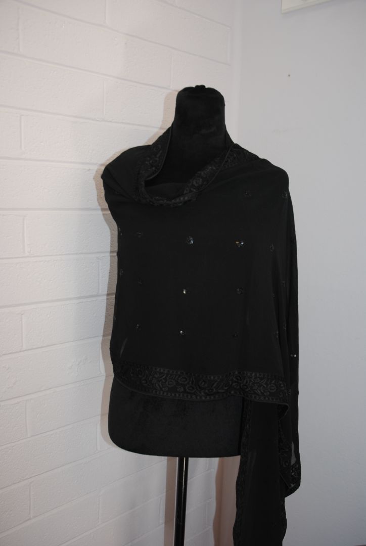 Black Chiffon Embroidered Evening Wrap