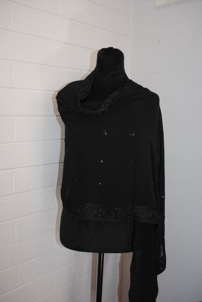 Black Chiffon Embroidered Evening Wrap