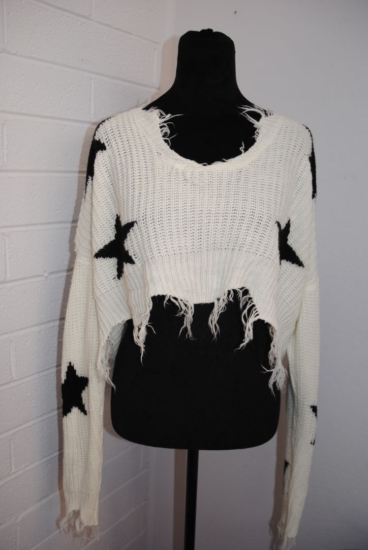Just Polly Ivory Black Star Knit Crop Sweater M
