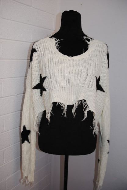 Just Polly Ivory Black Star Knit Crop Sweater M