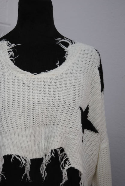 Just Polly Ivory Black Star Knit Crop Sweater M
