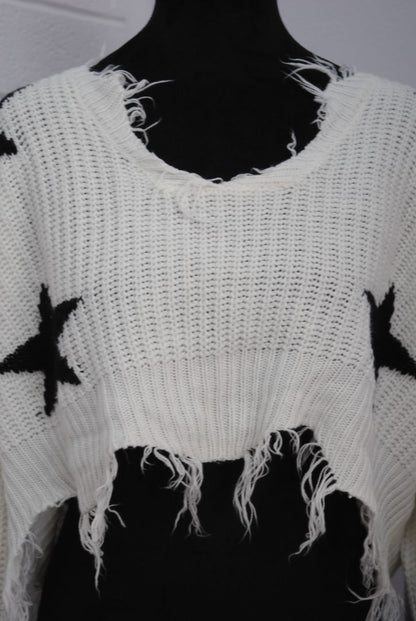 Just Polly Ivory Black Star Knit Crop Sweater M