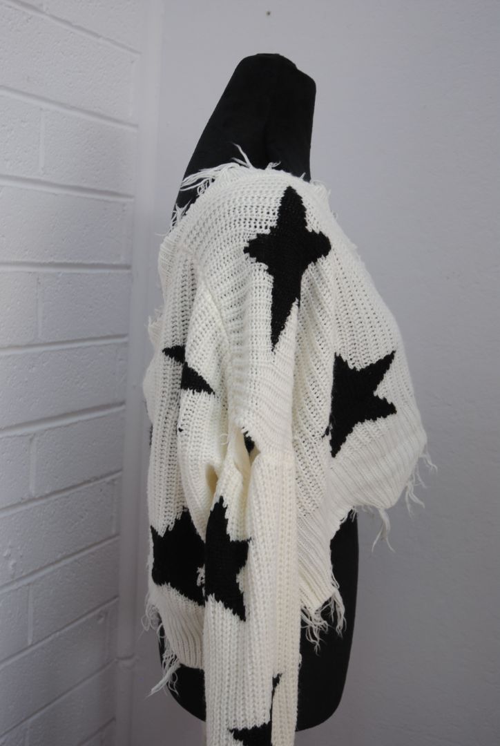 Just Polly Ivory Black Star Knit Crop Sweater M