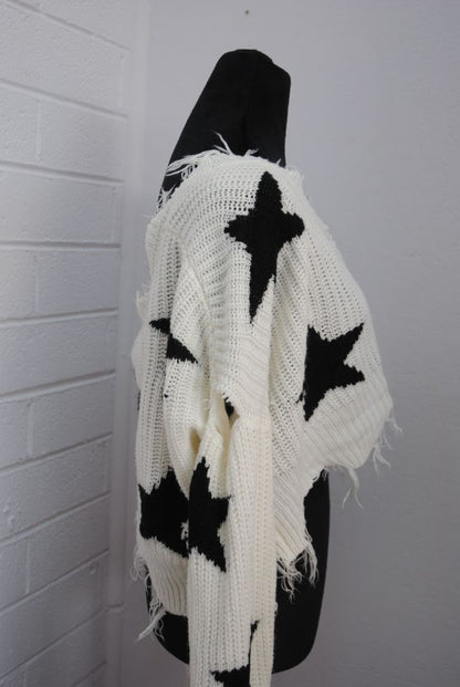 Just Polly Ivory Black Star Knit Crop Sweater M