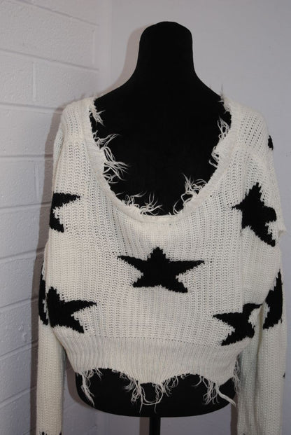 Just Polly Ivory Black Star Knit Crop Sweater M