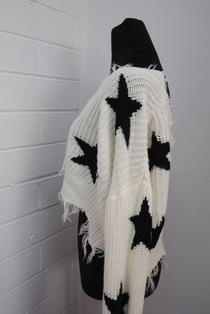 Just Polly Ivory Black Star Knit Crop Sweater M