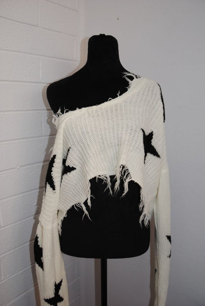 Just Polly Ivory Black Star Knit Crop Sweater M
