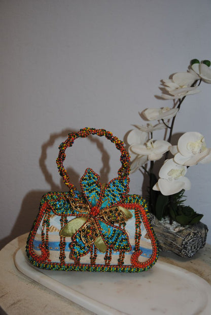 multi color Mary Frances handmade beaded bag, Width: 9–10 in Height: 6–7 in (without handle) Depth: 3–3.5 in Handle Drop: 4–5 in (handheld braided bead handle)