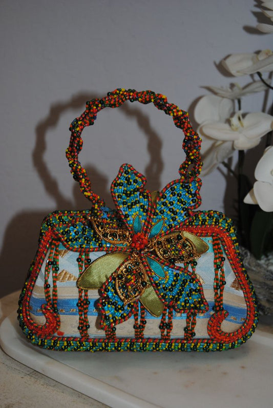 multi color Mary Frances handmade beaded bag, Width: 9–10 in Height: 6–7 in (without handle) Depth: 3–3.5 in Handle Drop: 4–5 in (handheld braided bead handle)