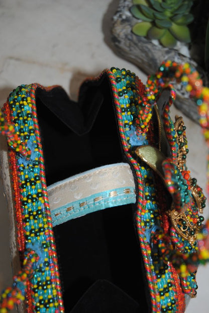 multi color Mary Frances handmade beaded bag, Width: 9–10 in Height: 6–7 in (without handle) Depth: 3–3.5 in Handle Drop: 4–5 in (handheld braided bead handle)
