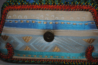 multi color Mary Frances handmade beaded bag, Width: 9–10 in Height: 6–7 in (without handle) Depth: 3–3.5 in Handle Drop: 4–5 in (handheld braided bead handle)