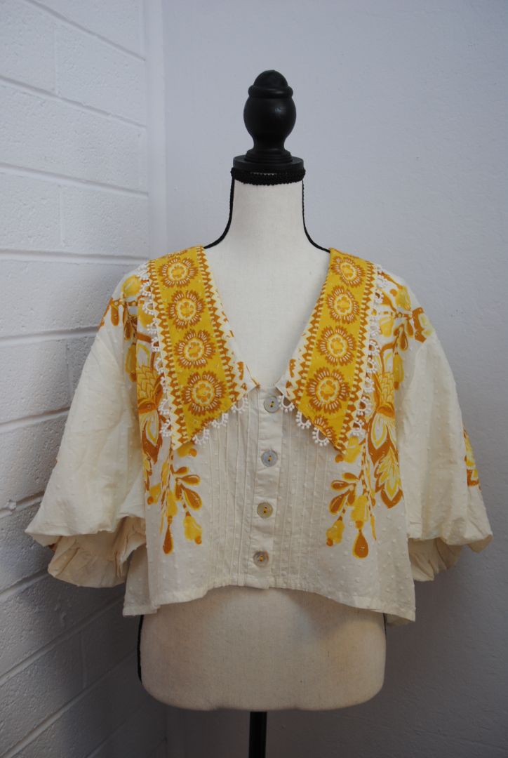 yellow Farm Rio embroidered collared blouse, L