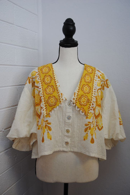 yellow Farm Rio embroidered collared blouse, L