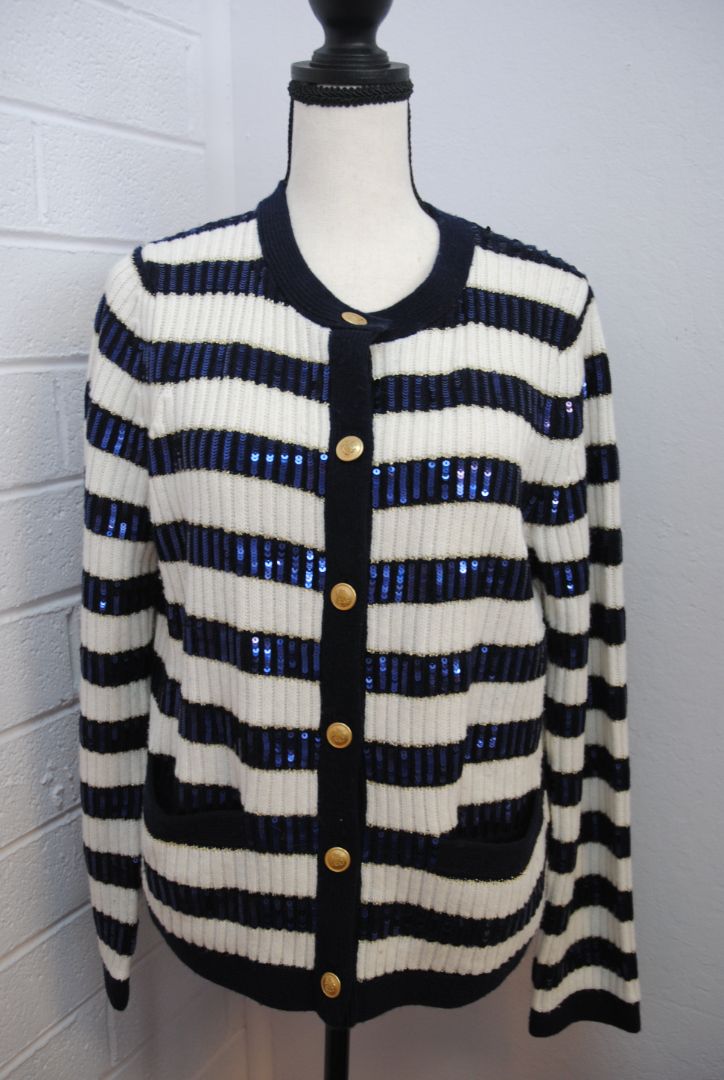 navy and white Vineyard Vines pinstripe cardigan, M