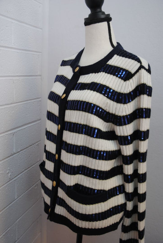 navy and white Vineyard Vines pinstripe cardigan, M