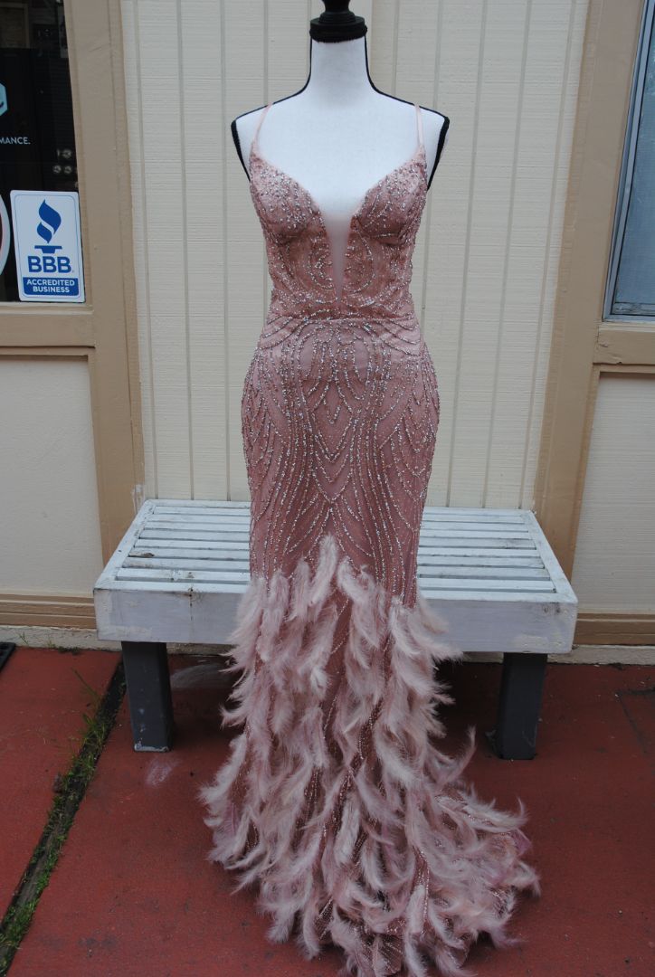 Terani Couture Blush Feathered Beaded Gown M