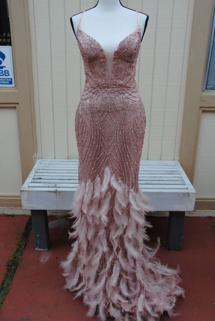 Terani Couture Blush Feathered Beaded Gown M