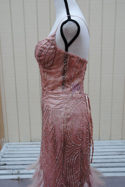 Terani Couture Blush Feathered Beaded Gown M