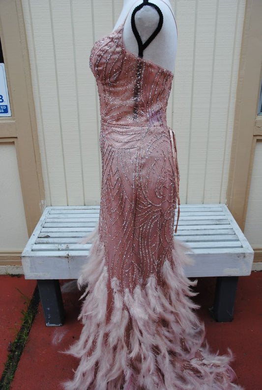 blush Terani Couture feathered beaded gown, M