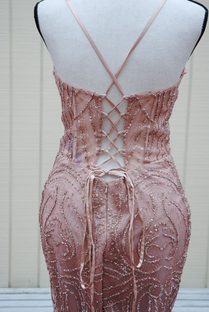 Terani Couture Blush Feathered Beaded Gown M