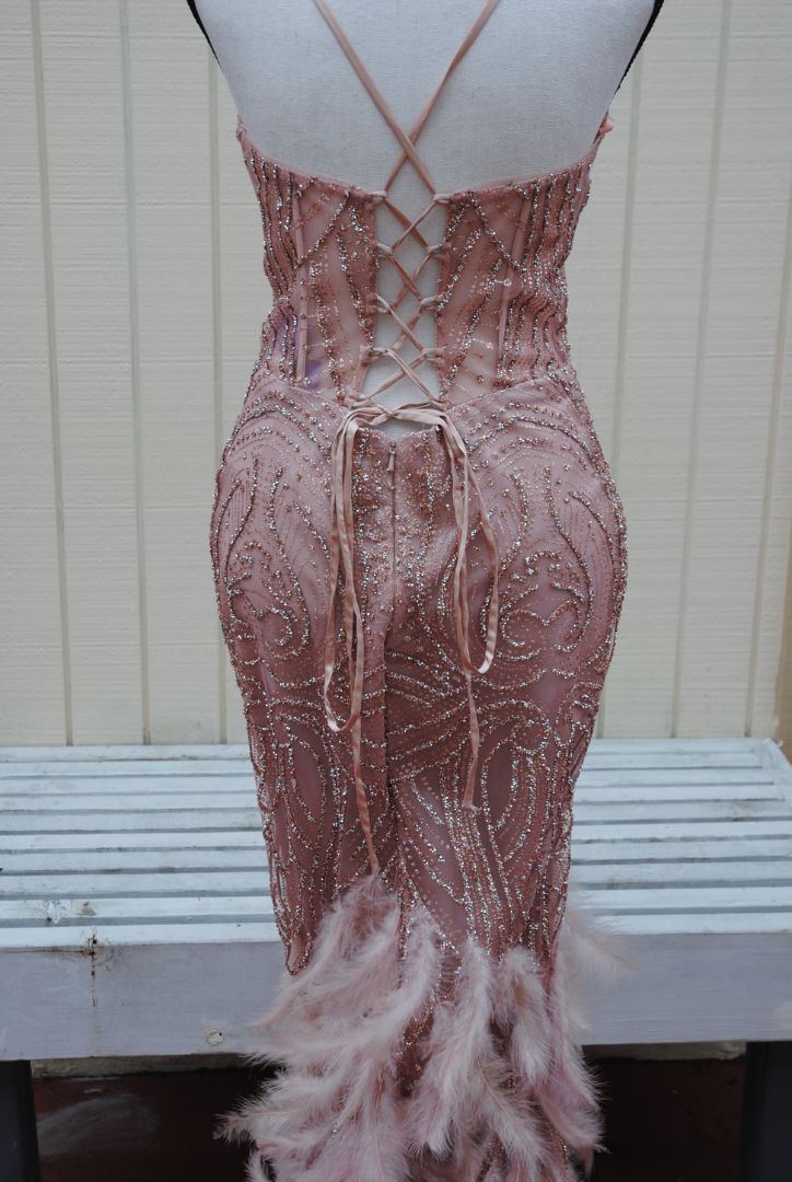 Terani Couture Blush Feathered Beaded Gown M