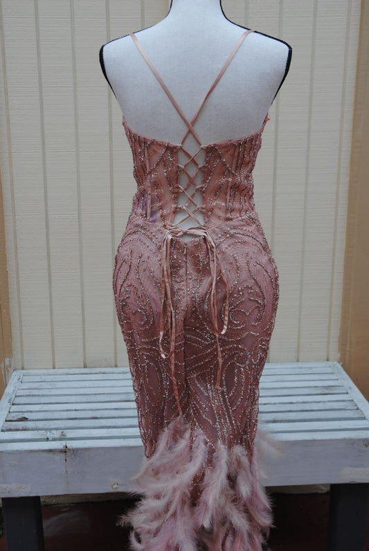 blush Terani Couture feathered beaded gown, M