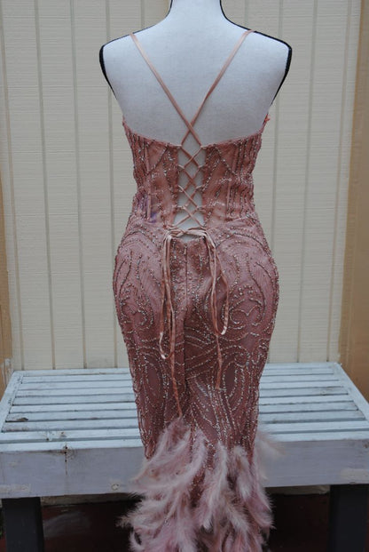 Terani Couture Blush Feathered Beaded Gown M